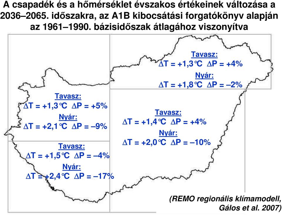 bázisidıszak átlagához viszonyítva Tavasz: T = +1,3 C P = +5% Nyár: T = +2,1 C P = 9% Tavasz: T = +1,5 C