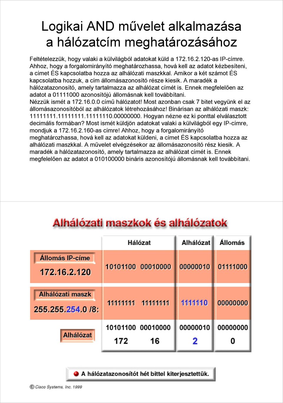 Amikor a két számot ÉS kapcsolatba hozzuk, a cím állomásazonosító része kiesik. A maradék a hálózatazonosító, amely tartalmazza az alhálózat címét is.