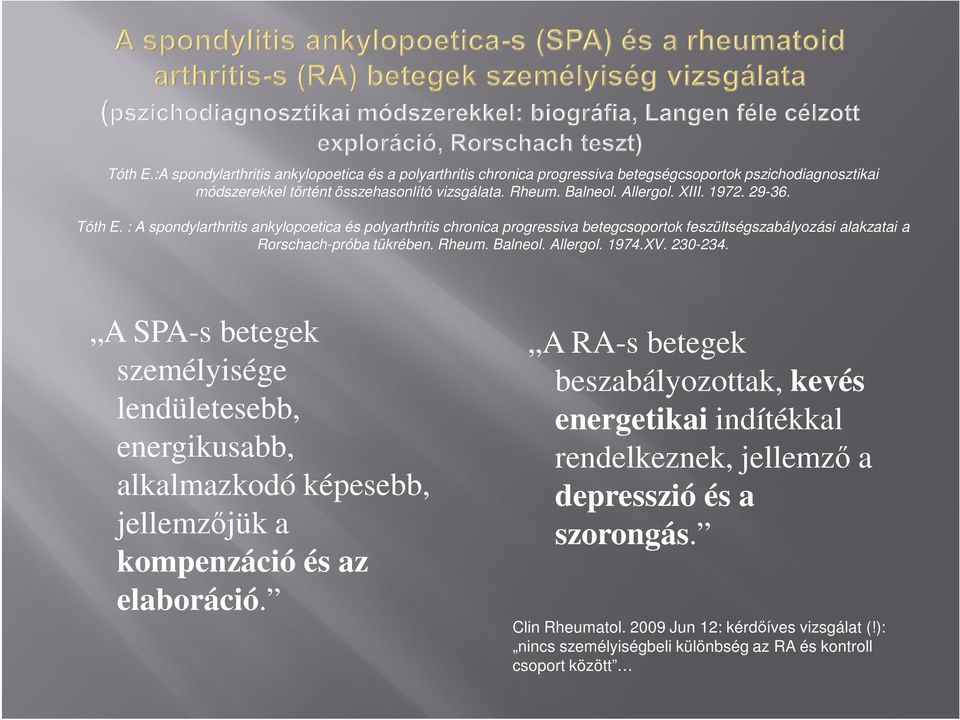 Allergol. 1974.XV. 230-234. A SPA-s betegek személyisége lendületesebb, energikusabb, alkalmazkodó képesebb, jellemzőjük a kompenzáció és az elaboráció.