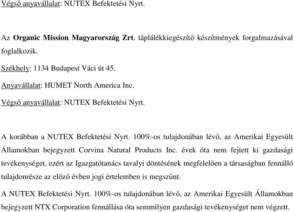 100%-os tulajdonában lévő, az Amerikai Egyesült Államokban bejegyzett Corvina Natural Products Inc.