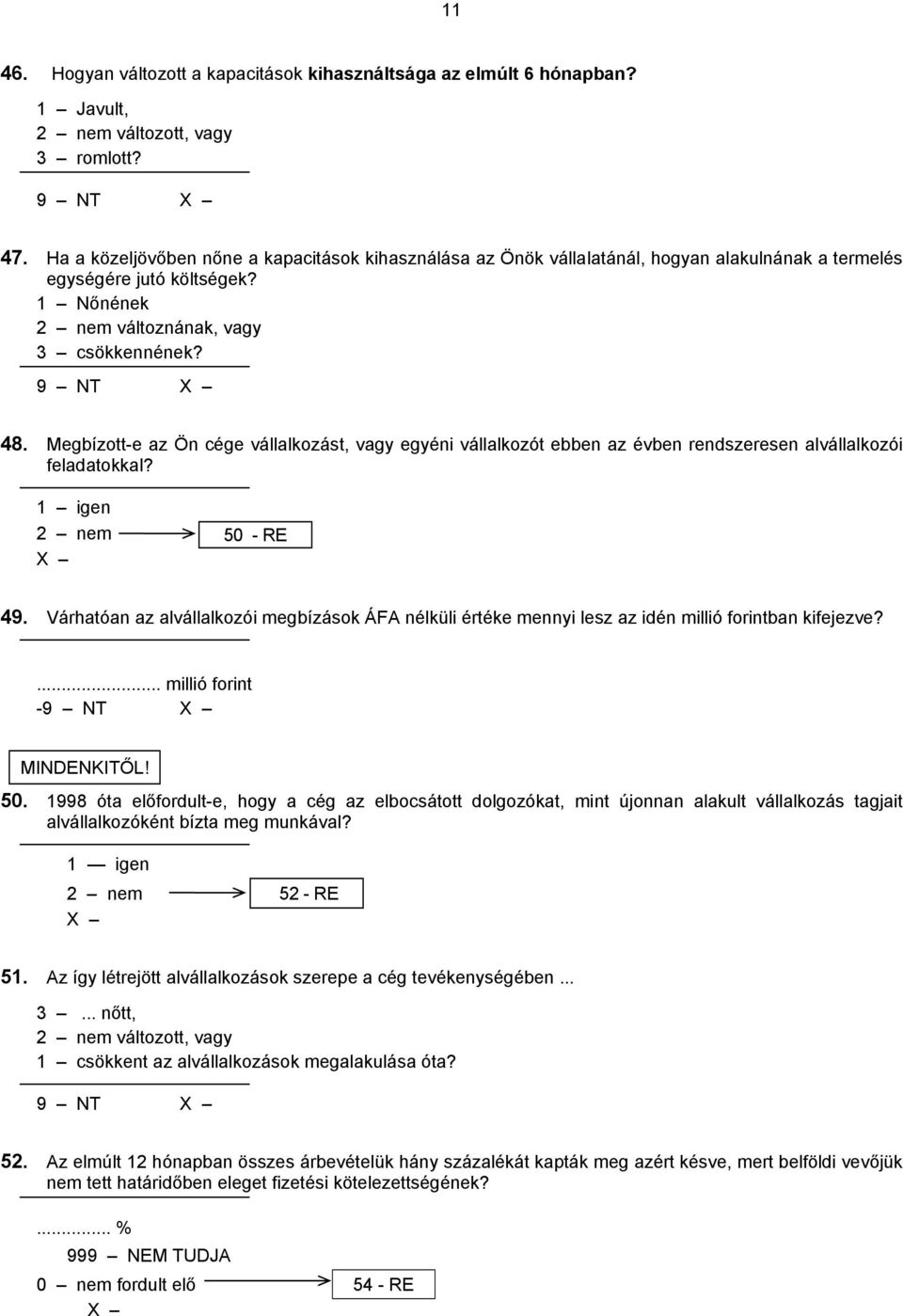 Megbízott-e az Ön cége vállalkozást, vagy egyéni vállalkozót ebben az évben rendszeresen alvállalkozói feladatokkal? 1 igen 2 nem 50 - RE 49.