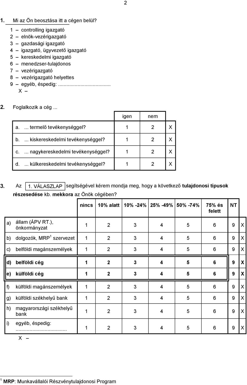 éspedig:... 2. Foglalkozik a cég... igen nem a.... termelő tevékenységgel? 1 2 X b.... kiskereskedelmi tevékenységgel? 1 2 X c.... nagykereskedelmi tevékenységgel? 1 2 X d.