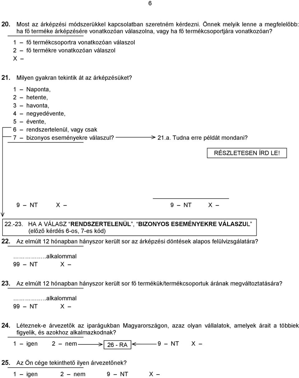 1 Naponta, 2 hetente, 3 havonta, 4 negyedévente, 5 évente, 6 rendszertelenül, vagy csak 7 bizonyos eseményekre válaszul? 21.a. Tudna erre példát mondani? RÉSZLETESEN ÍRD LE! 22.-23.