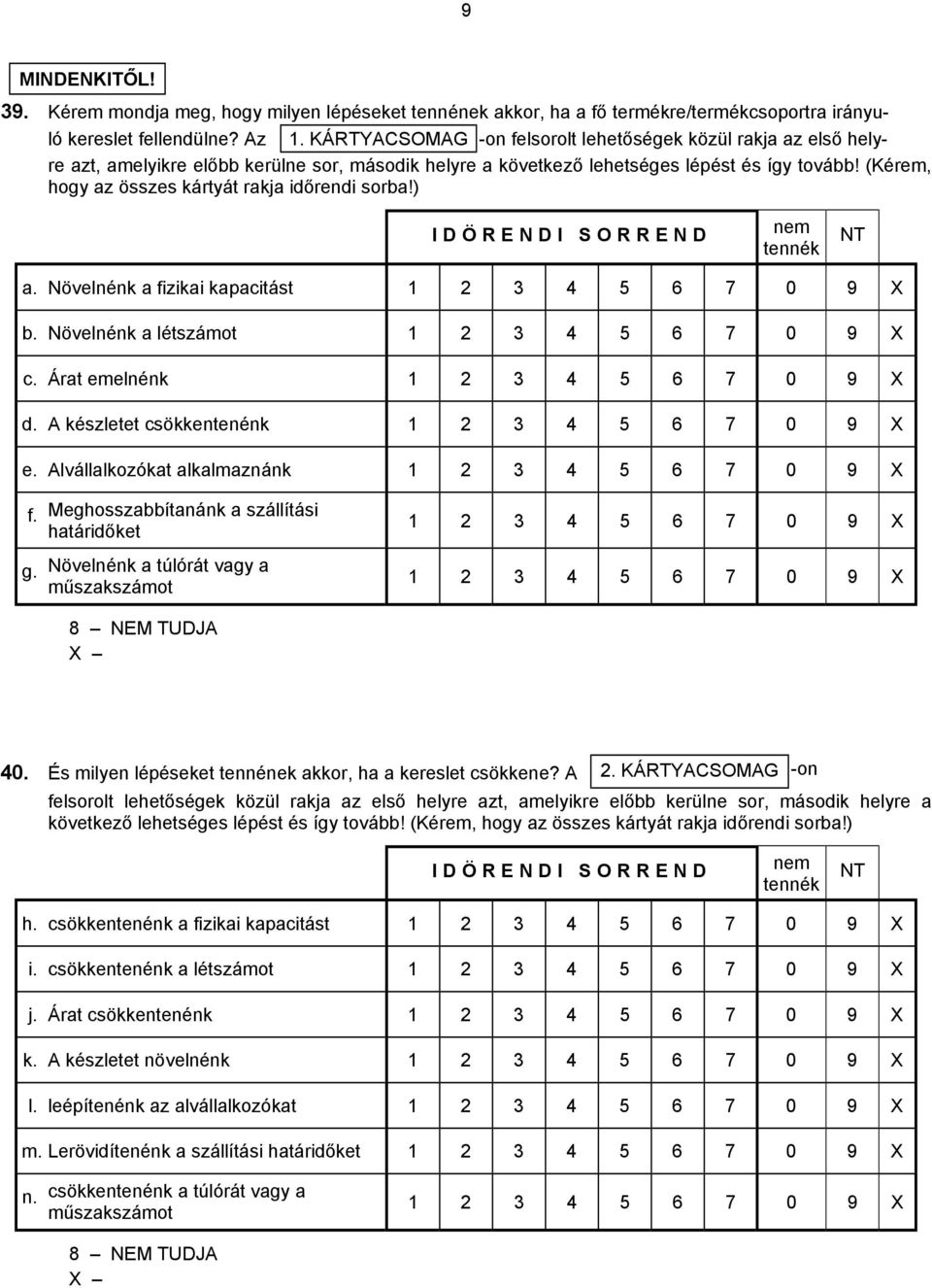 (Kérem, hogy az összes kártyát rakja időrendi sorba!) IDÖRENDI SORREND nem tennék a. Növelnénk a fizikai kapacitást 1 2 3 4 5 6 7 0 9 X b. Növelnénk a létszámot 1 2 3 4 5 6 7 0 9 X c.