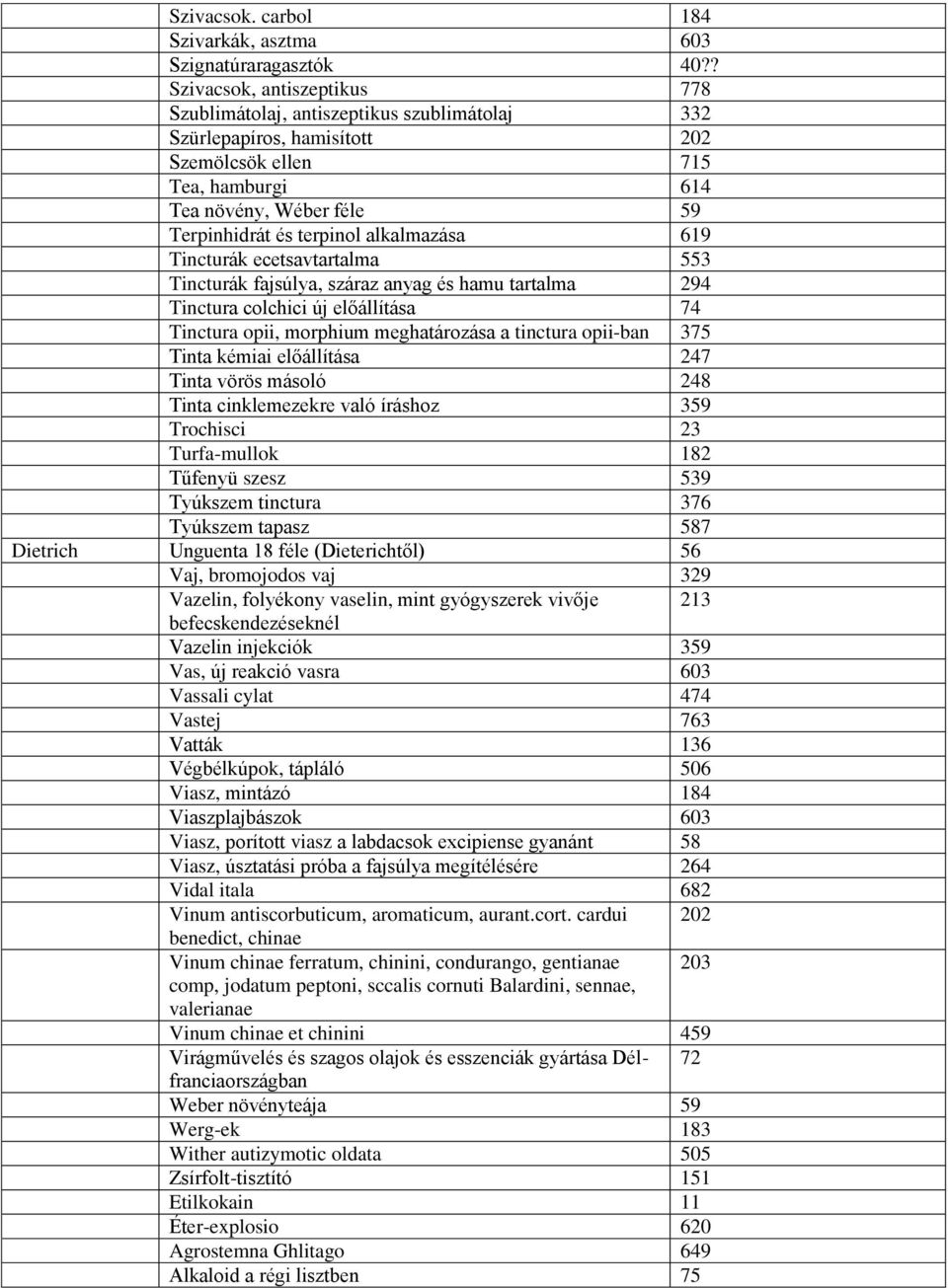 alkalmazása 619 Tincturák ecetsavtartalma 553 Tincturák fajsúlya, száraz anyag és hamu tartalma 294 Tinctura colchici új előállítása 74 Tinctura opii, morphium meghatározása a tinctura opii-ban 375