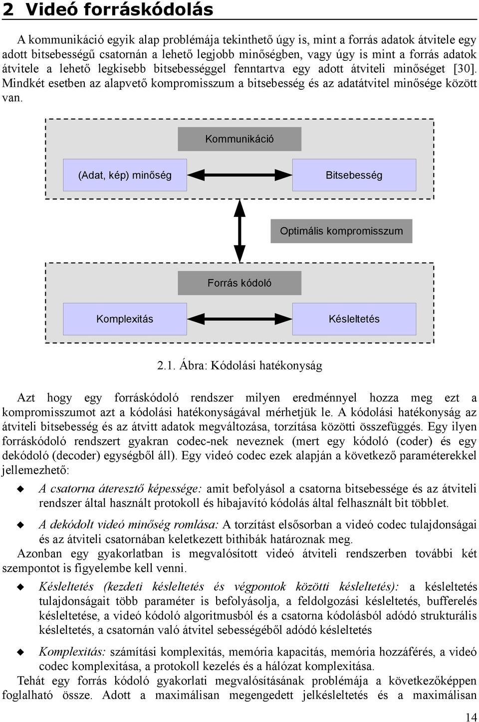 Kommunikáció (Adat, kép) minőség Bitsebesség Optimális kompromisszum Forrás kódoló Komplexitás Késleltetés 2.1.