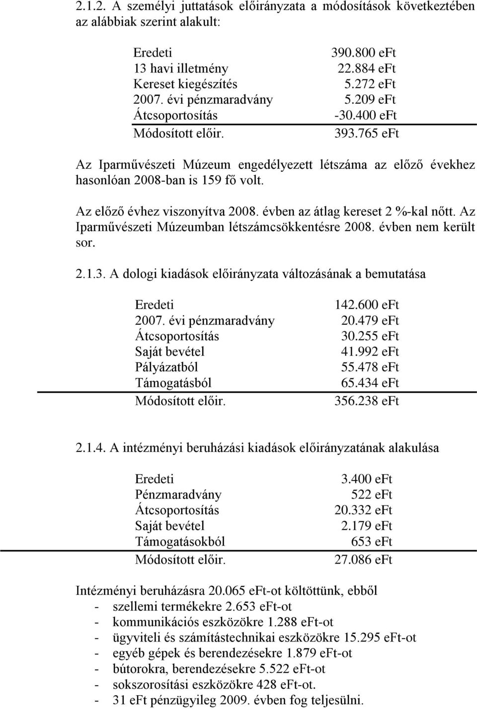 Az előző évhez viszonyítva 2008. évben az átlag kereset 2 %kal nőtt. Az Iparművészeti Múzeumban létszámcsökkentésre 2008. évben nem került sor. 2.1.3.