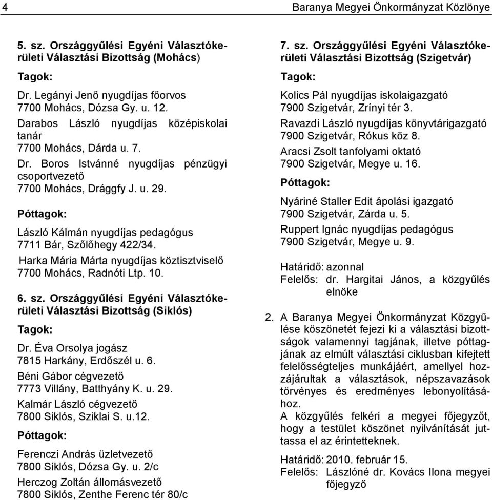 Póttagok: László Kálmán nyugdíjas pedagógus 7711 Bár, Szőlőhegy 422/34. Harka Mária Márta nyugdíjas köztisztviselő 7700 Mohács, Radnóti Ltp. 10. 6. sz.