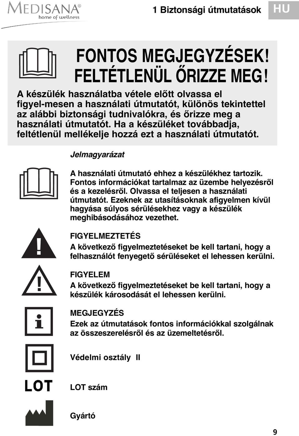 Ha a készüléket továbbadja, feltétlenül mellékelje hozzá ezt a használati útmutatót. Jelmagyarázat A használati útmutató ehhez a készülékhez tartozik.