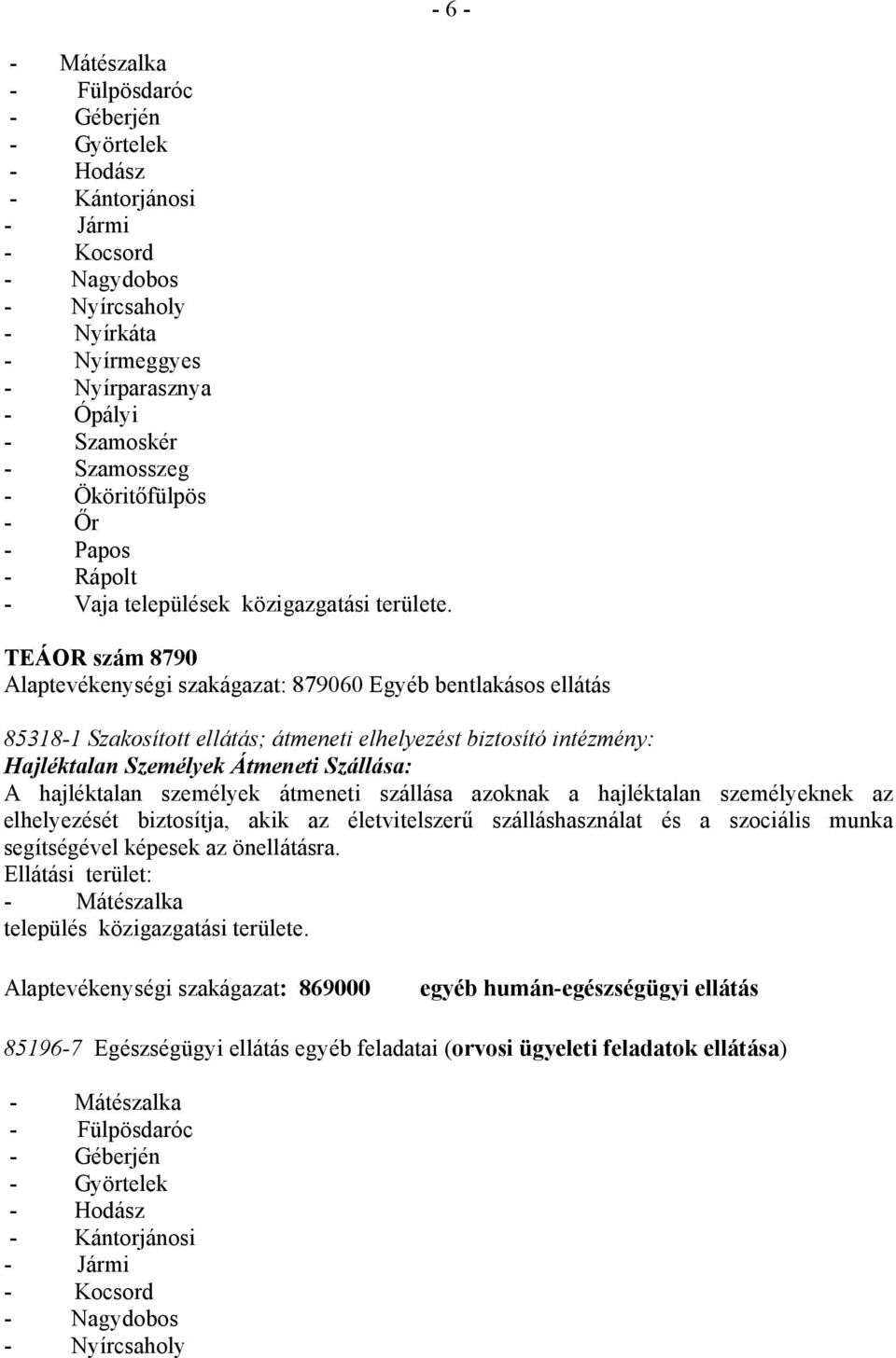 TEÁOR szám 8790 Alaptevékenységi szakágazat: 879060 Egyéb bentlakásos ellátás 85318-1 Szakosított ellátás; átmeneti elhelyezést biztosító intézmény: Hajléktalan Személyek Átmeneti Szállása: A