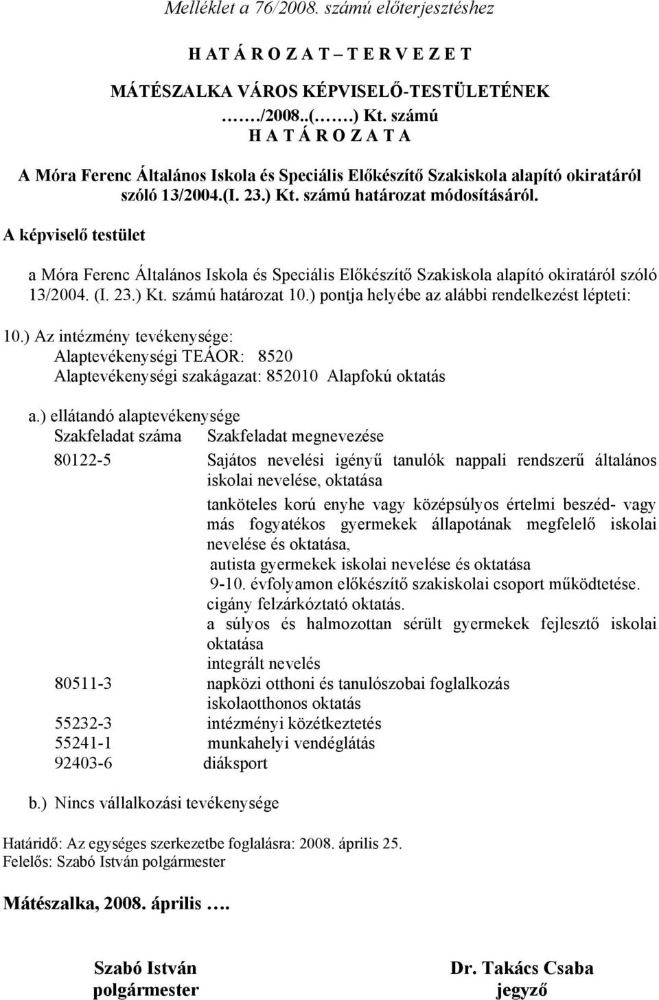 ) Az intézmény tevékenysége: Alaptevékenységi TEÁOR: 8520 Alaptevékenységi szakágazat: 852010 Alapfokú oktatás a.