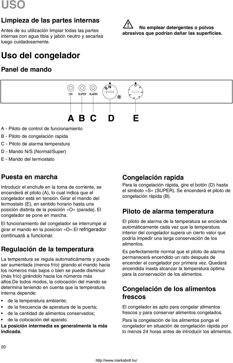 Uso del congelador Panel de mando A - Piloto de control de funcionamiento B - Piloto de congelación rapida C - Piloto de alarma temperatura D - Mando N/S (Normal/Super) E - Mando del termostato