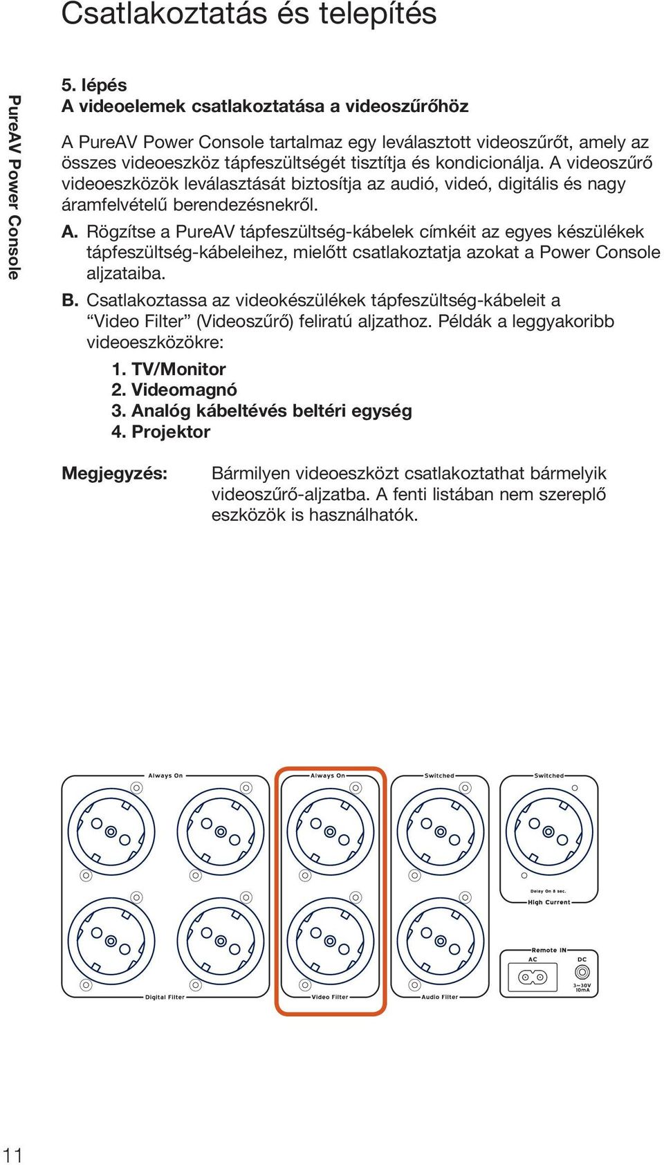 Rögzítse a PureAV tápfeszültség-kábelek címkéit az egyes készülékek tápfeszültség-kábeleihez, mielőtt csatlakoztatja azokat a Power Console aljzataiba. B.