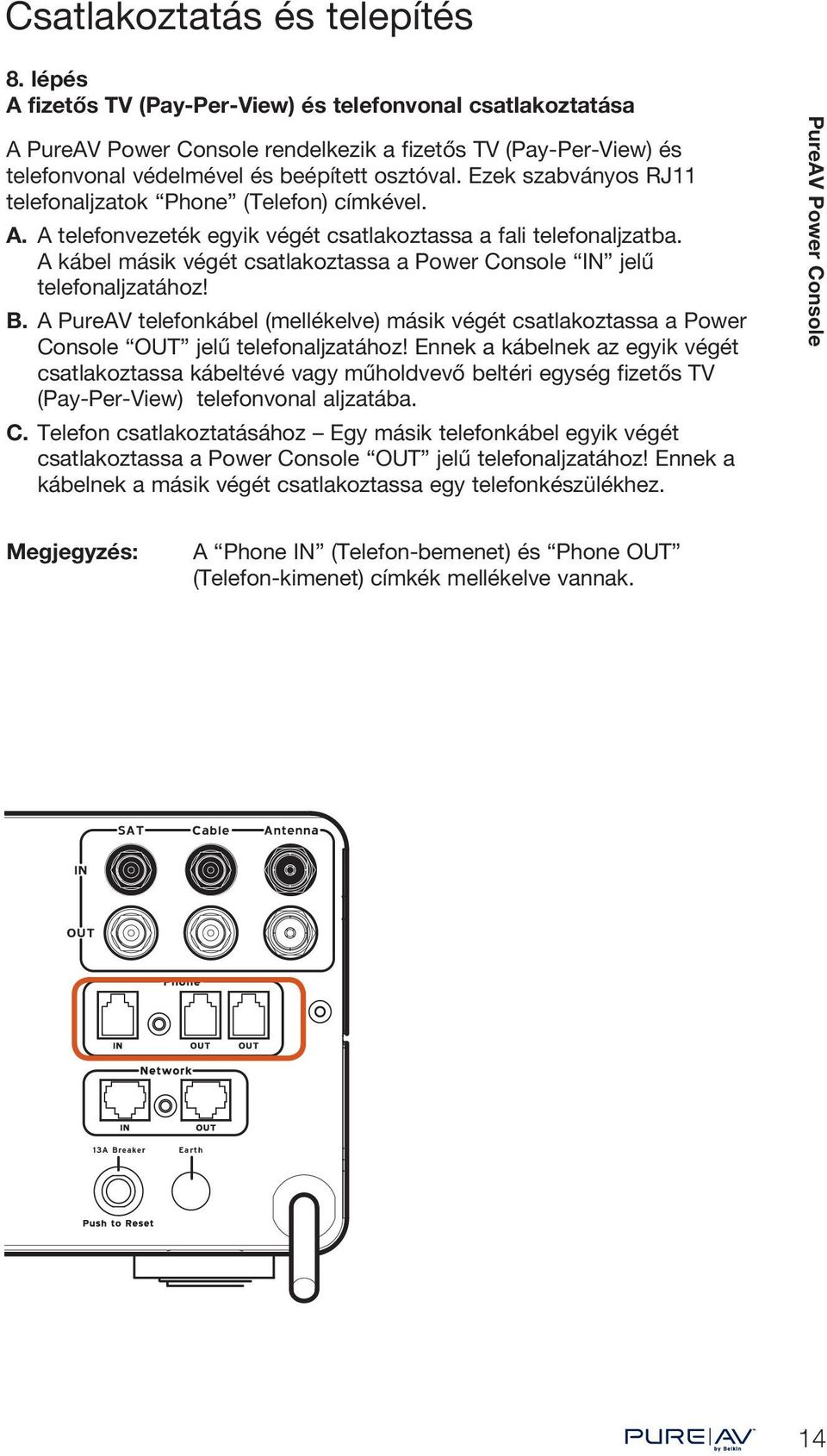 A kábel másik végét csatlakoztassa a Power Console IN jelű telefonaljzatához! B. A PureAV telefonkábel (mellékelve) másik végét csatlakoztassa a Power Console OUT jelű telefonaljzatához!