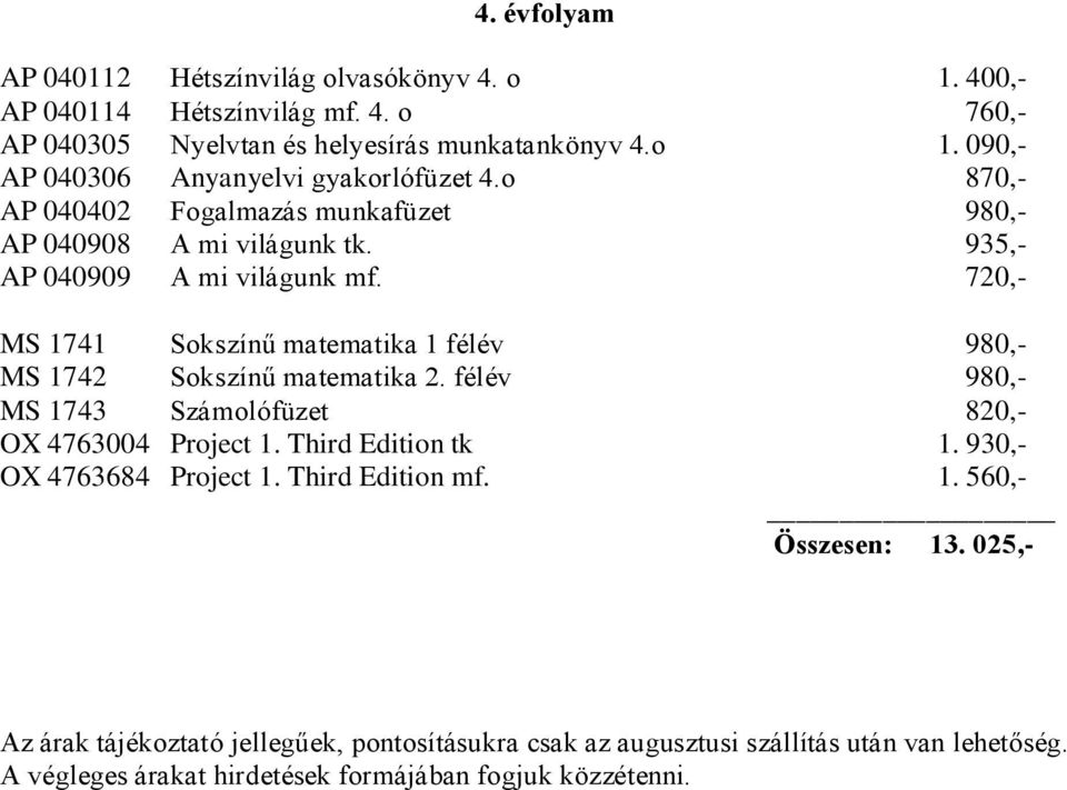 935,- AP 040909 A mi világunk mf. 720,- MS 1741 Sokszínű matematika 1 félév 980,- MS 1742 Sokszínű matematika 2.