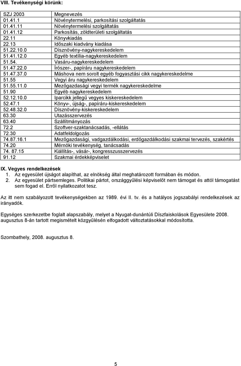 47.37.0 Máshova nem sorolt egyéb fogyasztási cikk nagykereskedelme 51.55 Vegyi áru nagykereskedelem 51.55.11.0 Mezőgazdasági vegyi termék nagykereskedelme 51.90 Egyéb nagykereskedelem 52.12.10.