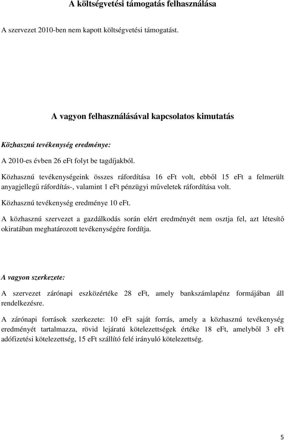 Közhasznú tevékenységeink összes ráfordítása 16 eft volt, ebből 15 eft a felmerült anyagjellegű ráfordítás-, valamint 1 eft pénzügyi műveletek ráfordítása volt. Közhasznú tevékenység eredménye 10 eft.