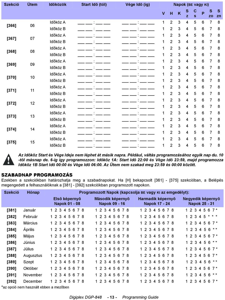 6-ig így programozzon: Idõköz 1A: Start Idõ 22:00 és Vége Idõ 23:59, majd programozza Idõköz 1B Start Idõ 00:00 és Vége Idõ 06:00. Az Ütem nem szakad meg 23:59 és 00:00 között.