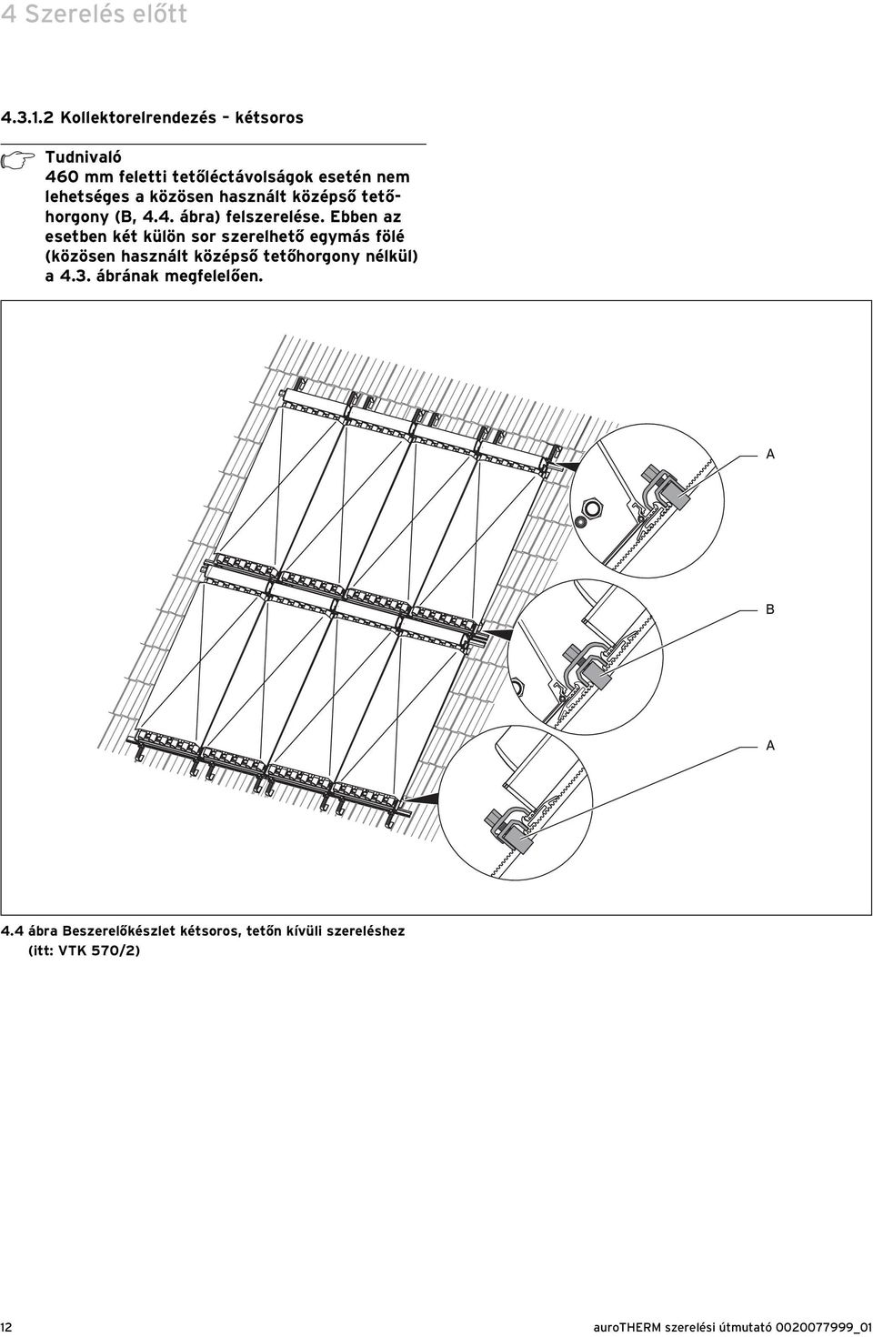 közösen használt középső tetőhorgony (B, 4.4. ábra) felszerelése.