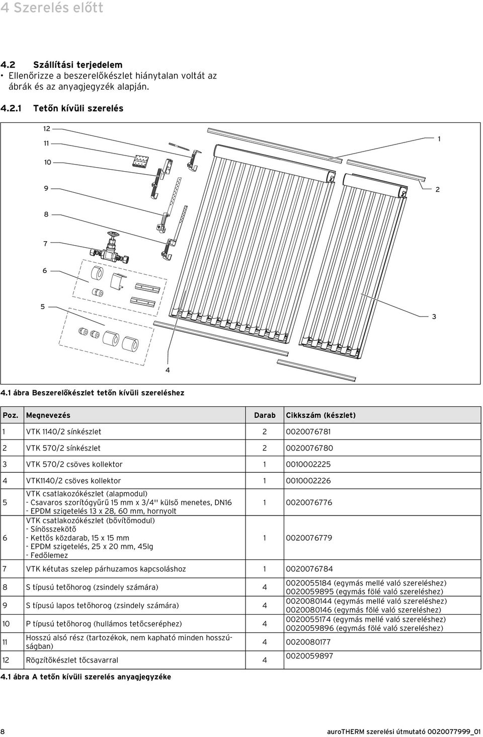 Megnevezés Darab Cikkszám (készlet) VTK 40/2 sínkészlet 2 002007678 2 VTK 570/2 sínkészlet 2 0020076780 3 VTK 570/2 csöves kollektor 000002225 4 VTK40/2 csöves kollektor 000002226 5 6 VTK