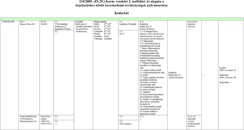 12. Közérzet-javító és étrendkiegészítő termék 7. Bútor, lakberendezés, háztartási felszerelés, világítástechnikai cikk termékkörből kizárólag kisebb háztartási felszerelési tárgyak értékesítése 9.