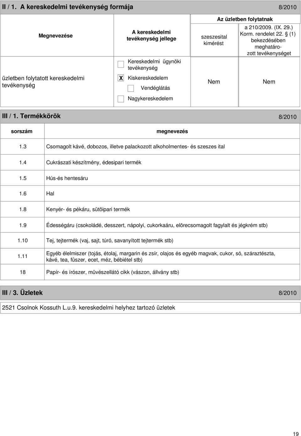 3 Csomagolt kávé, dobozos, illetve palackozott alkoholmentes- és szeszes ital 1.4 Cukrászati készítmény, édesipari termék 1.5 Hús-és hentesáru 1.6 Hal 1.8 Kenyér- és pékáru, sütõipari termék 1.