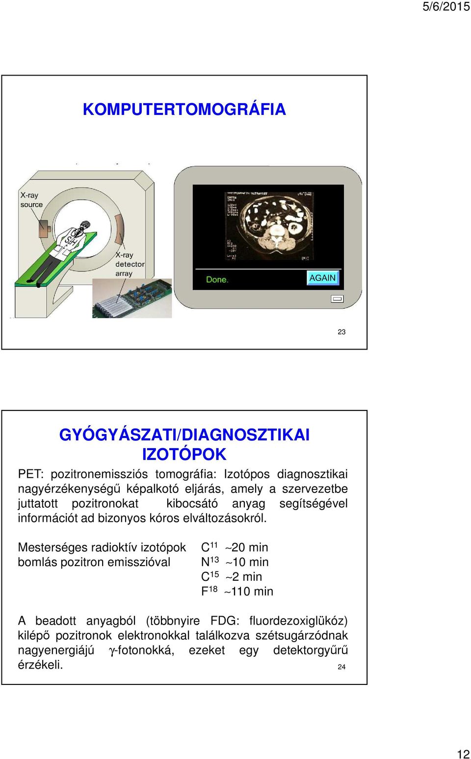 Mesterséges radioktív izotópok C 11 20 min bomlás pozitron emisszióval N 13 10 min C 15 2 min F 18 110 min A beadott anyagból (többnyire