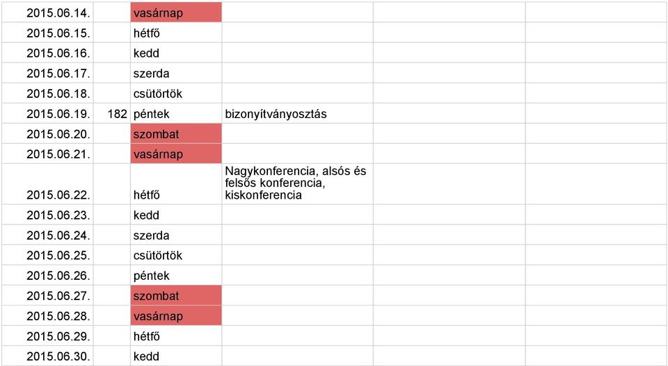 vasárnap 2015.06.22. hétfő 2015.06.23. kedd 2015.06.24. szerda 2015.06.25.