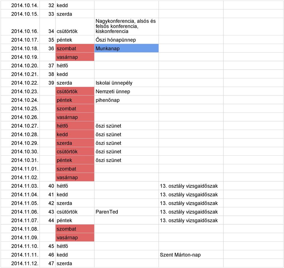 kedd őszi szünet 2014.10.29. szerda őszi szünet 2014.10.30. csütörtök őszi szünet 2014.10.31. péntek őszi szünet 2014.11.01. szombat 2014.11.02. vasárnap 2014.11.03. 40 hétfő 13.