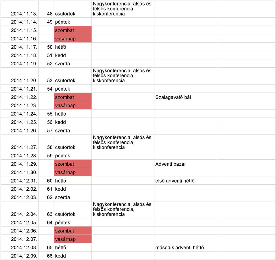 58 csütörtök 2014.11.28. 59 péntek 2014.11.29. szombat Adventi bazár 2014.11.30. vasárnap 2014.12.01. 60 hétfő első adventi hétfő 2014.12.02. 61 kedd 2014.12.03.