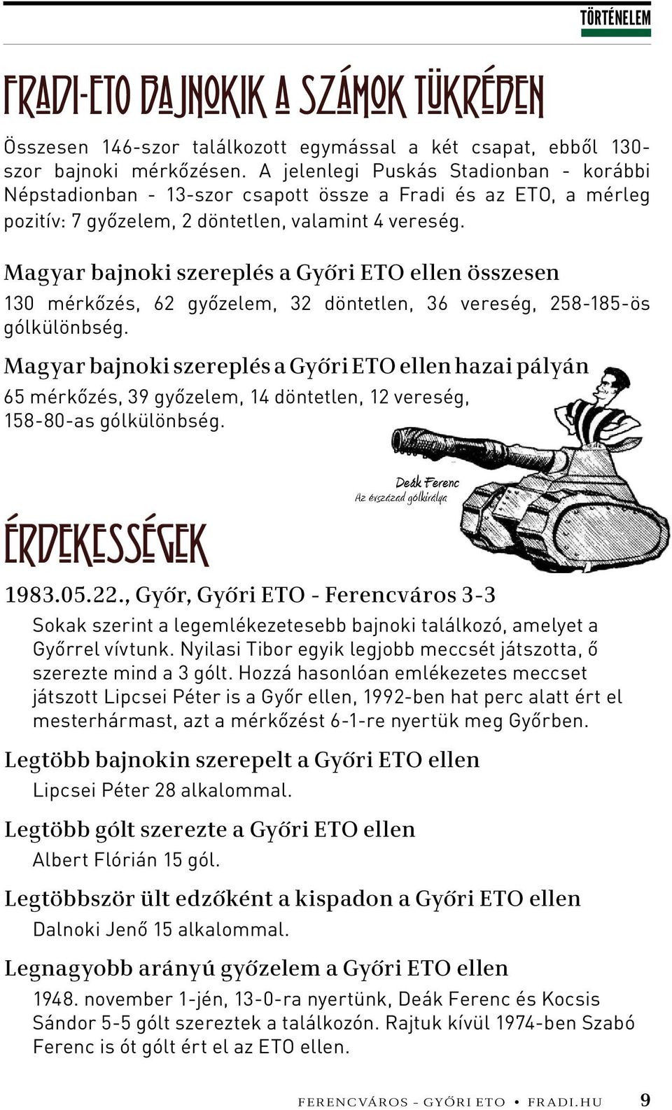 Magyar bajnoki szereplés a Győri ETO ellen összesen 130 mérkőzés, 62 győzelem, 32 döntetlen, 36 vereség, 258-185-ös gólkülönbség.