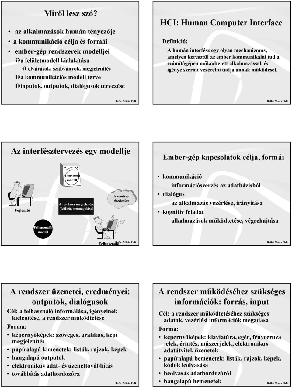 outputok, dialógusok tervezése HCI: Human Computer Interface Definíció: A humán interfész egy olyan mechanizmus, amelyen keresztül az ember kommunikálni tud a számítógépen működtetett alkalmazással,