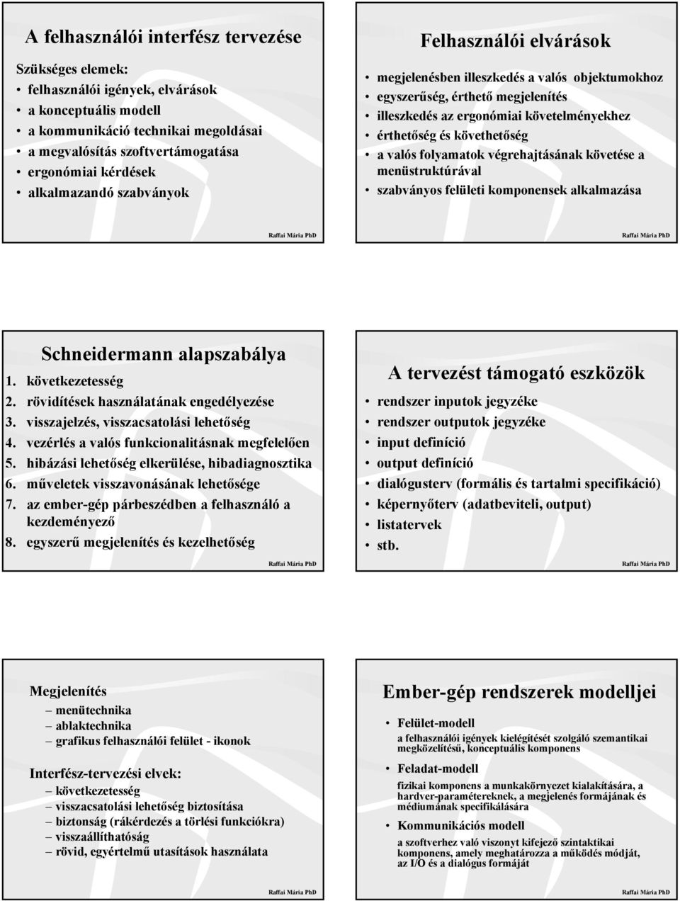 a valós folyamatok végrehajtásának követése a menüstruktúrával szabványos felületi komponensek alkalmazása Schneidermann alapszabálya 1. következetesség 2. rövidítések használatának engedélyezése 3.