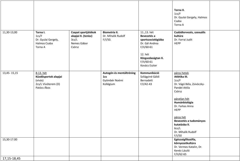 F/II/60-61 Kovács Eszter 13,45-15,15 8-13.