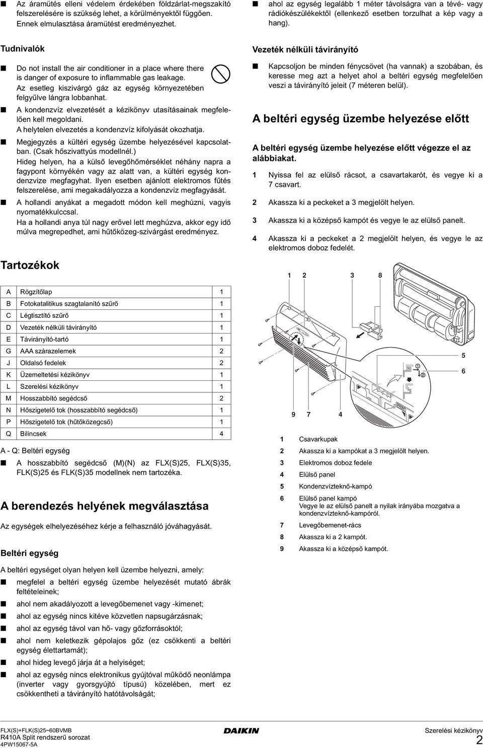 Tudnivalók Do not install the air conditioner in a place where there is danger of exposure to inflammable gas leakage. Az esetleg kiszivárgó gáz az egység környezetében felgyűlve lángra lobbanhat.