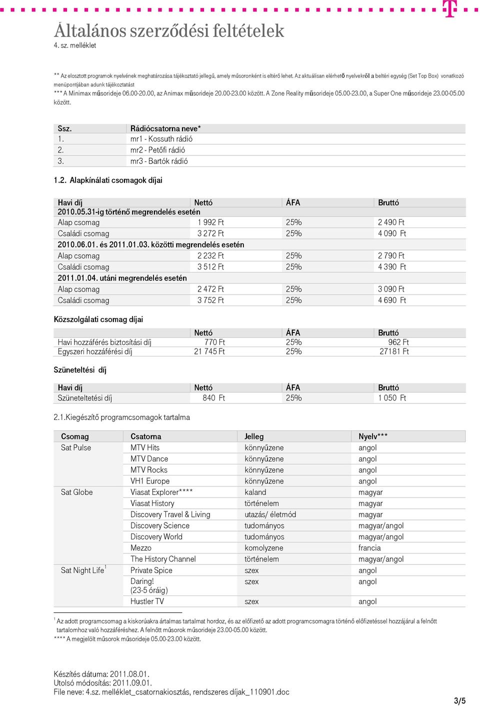 A Zone Reality műsorideje 05.00-23.00, a Super One műsorideje 23.00-05.00 között. Rádiócsatorna neve* 1. mr1 - Kossuth rádió 2. mr2 - Petőfi rádió 3. mr3 - Bartók rádió 1.2. Alapkínálati csomagok díjai Havi díj Nettó ÁFA Bruttó 2010.