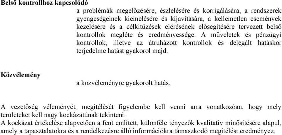 A műveletek és pénzüyi kontrollok, illetve az átruházott kontrollok és deleált hatáskör terjedelme hatást yakorol majd. Közvélemény a közvéleményre yakorolt hatás.