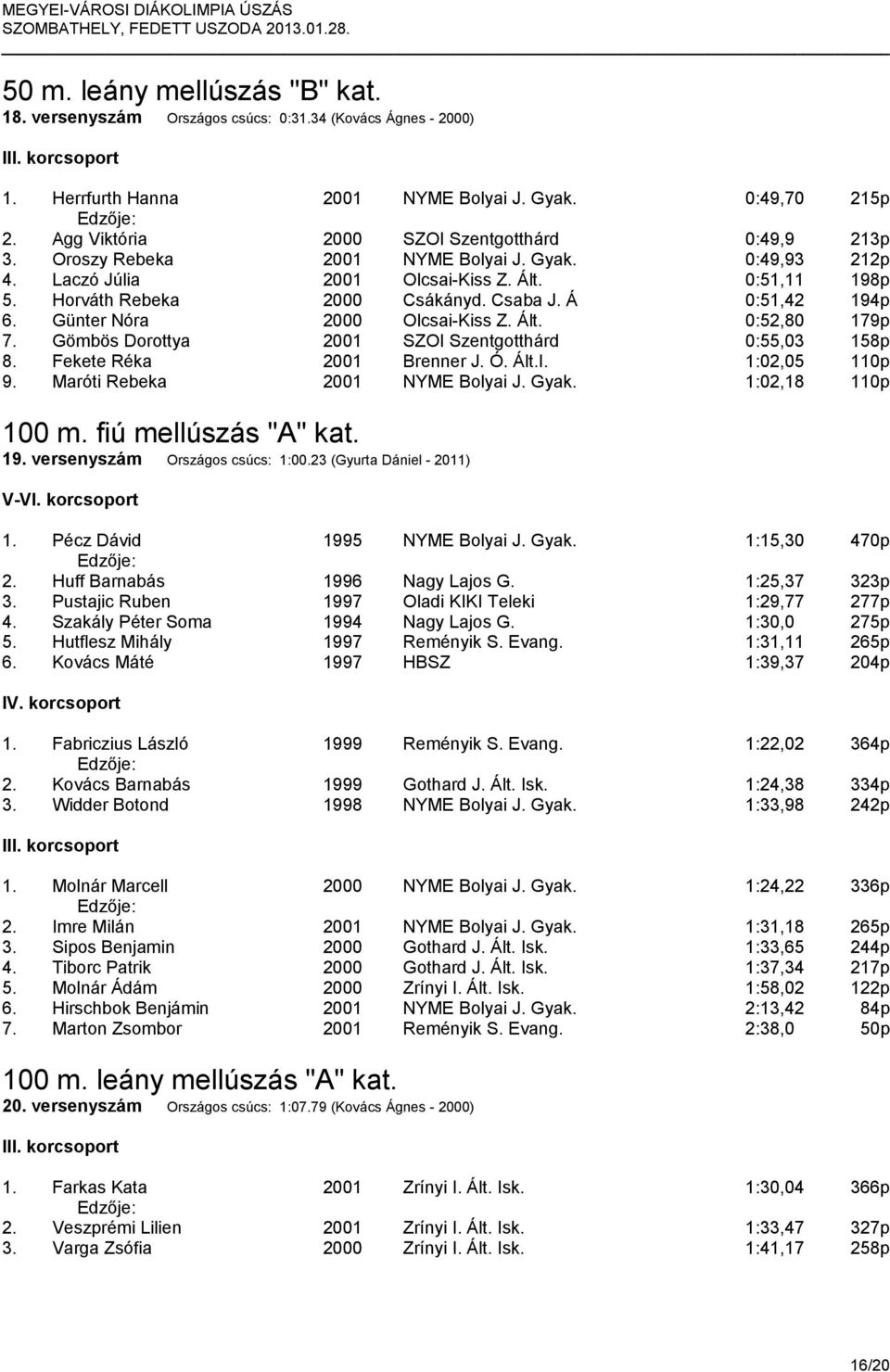 Á 0:51,42 194p 6. Günter Nóra 2000 Olcsai-Kiss Z. Ált. 0:52,80 179p 7. Gömbös Dorottya 2001 SZOI Szentgotthárd 0:55,03 158p 8. Fekete Réka 2001 Brenner J. Ó. Ált.I. 1:02,05 110p 9.