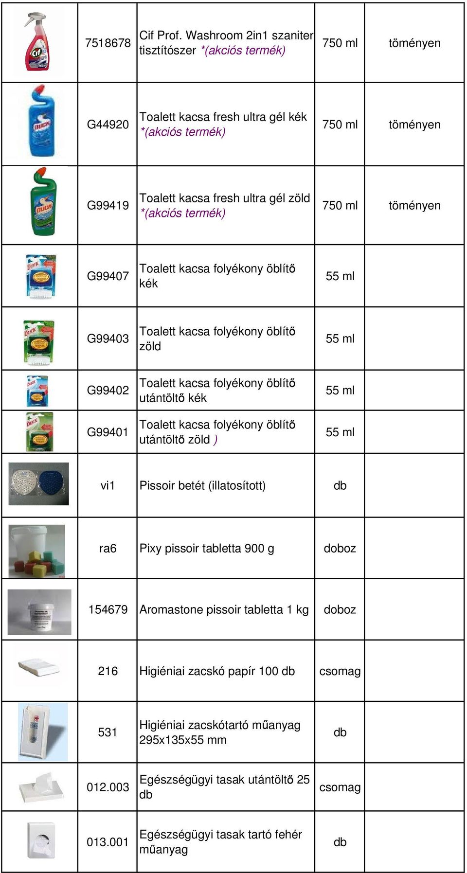 *(akciós termék) 750 ml töményen G99407 Toalett kacsa folyékony öblít kék 55 ml G99403 Toalett kacsa folyékony öblít zöld 55 ml G99402 G99401 Toalett kacsa folyékony öblít utántölt kék