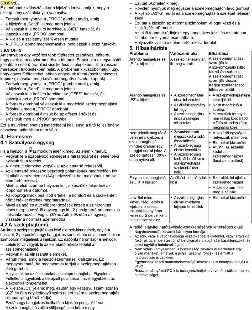 9 OFFS Amennyiben egy vezérlés több fűtőtestet szabályoz, előfordul, hogy ezek nem egyforma erősen fűtenek. Ennek oka az egymástól jelentősen eltérő áramlási viselkedésű szelepekben, ill.