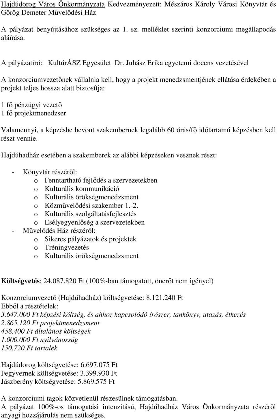 Juhász Erika egyetemi docens vezetésével A konzorciumvezetőnek vállalnia kell, hogy a projekt menedzsmentjének ellátása érdekében a projekt teljes hossza alatt biztosítja: 1 fő pénzügyi vezető 1 fő