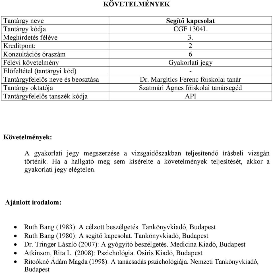 Tankönyvkiadó, Budapest Ruth Bang (1980): A segítő kapcsolat. Tankönyvkiadó, Budapest Dr. Tringer László (2007): A gyógyító beszélgetés.