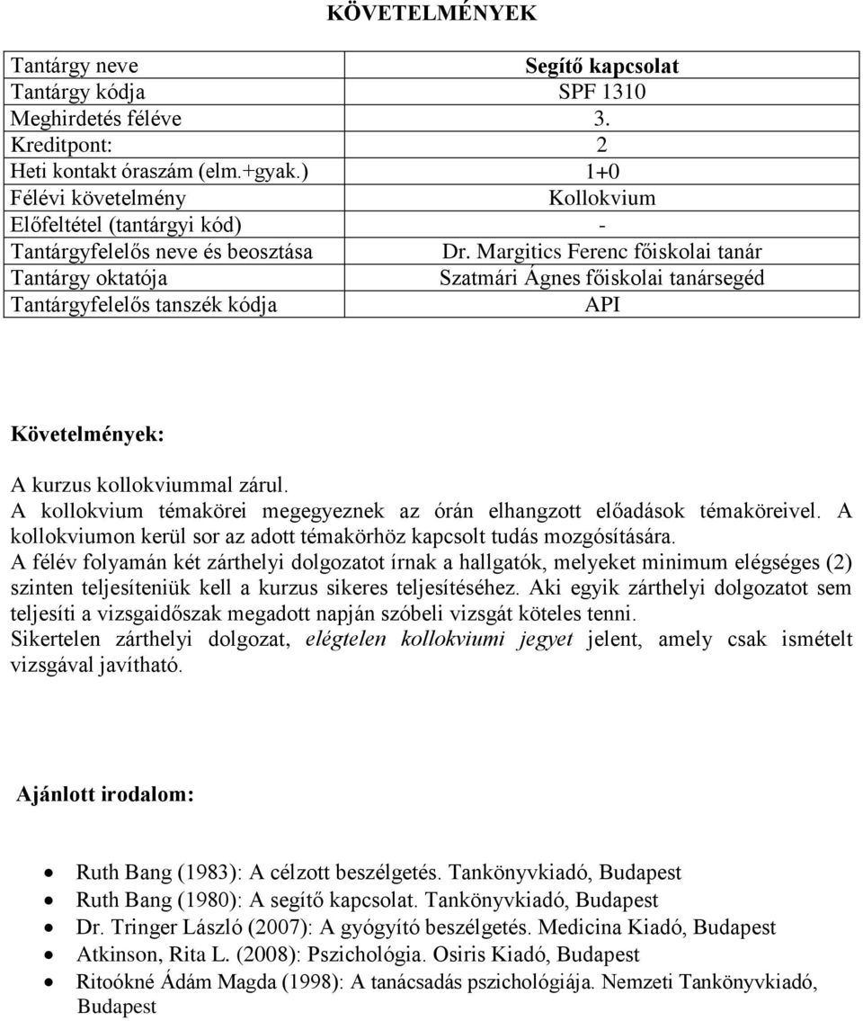 A félév folyamán két zárthelyi dolgozatot írnak a hallgatók, melyeket minimum elégséges (2) szinten teljesíteniük kell a kurzus sikeres teljesítéséhez.