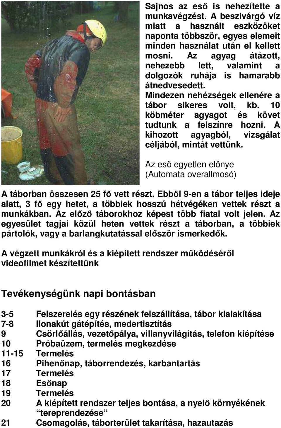 A kihozott agyagból, vizsgálat céljából, mintát vettünk. Az eső egyetlen előnye (Automata overallmosó) A táborban összesen 25 fő vett részt.