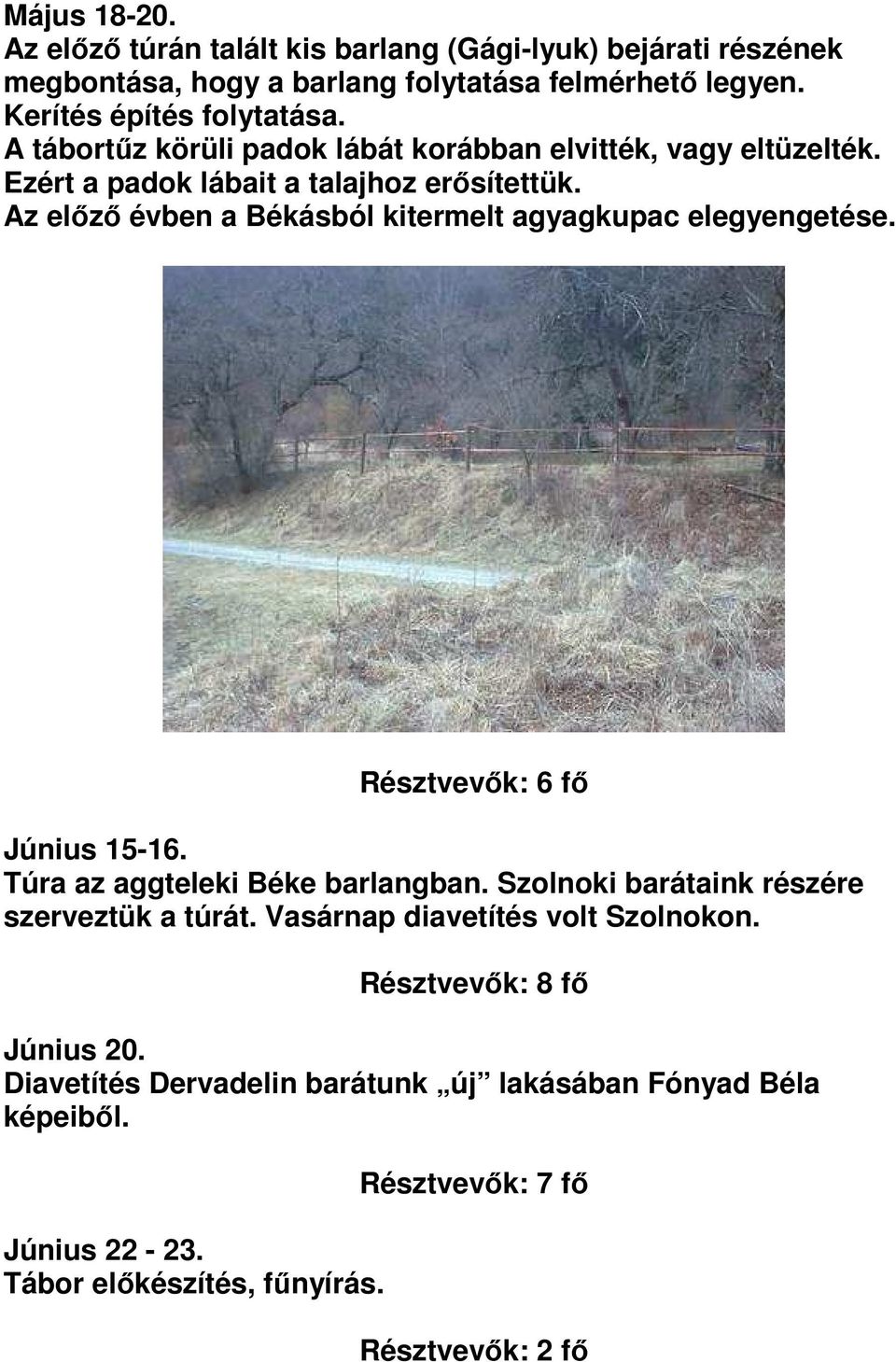 Az előző évben a Békásból kitermelt agyagkupac elegyengetése. Résztvevők: 6 fő Június 15-16. Túra az aggteleki Béke barlangban.