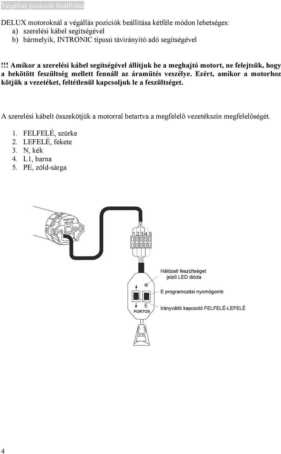 !! Amikor a szerelési kábel segítségével állítjuk be a meghajtó motort, ne felejtsük, hogy a bekötött feszültség mellett fennáll az áramütés veszélye.