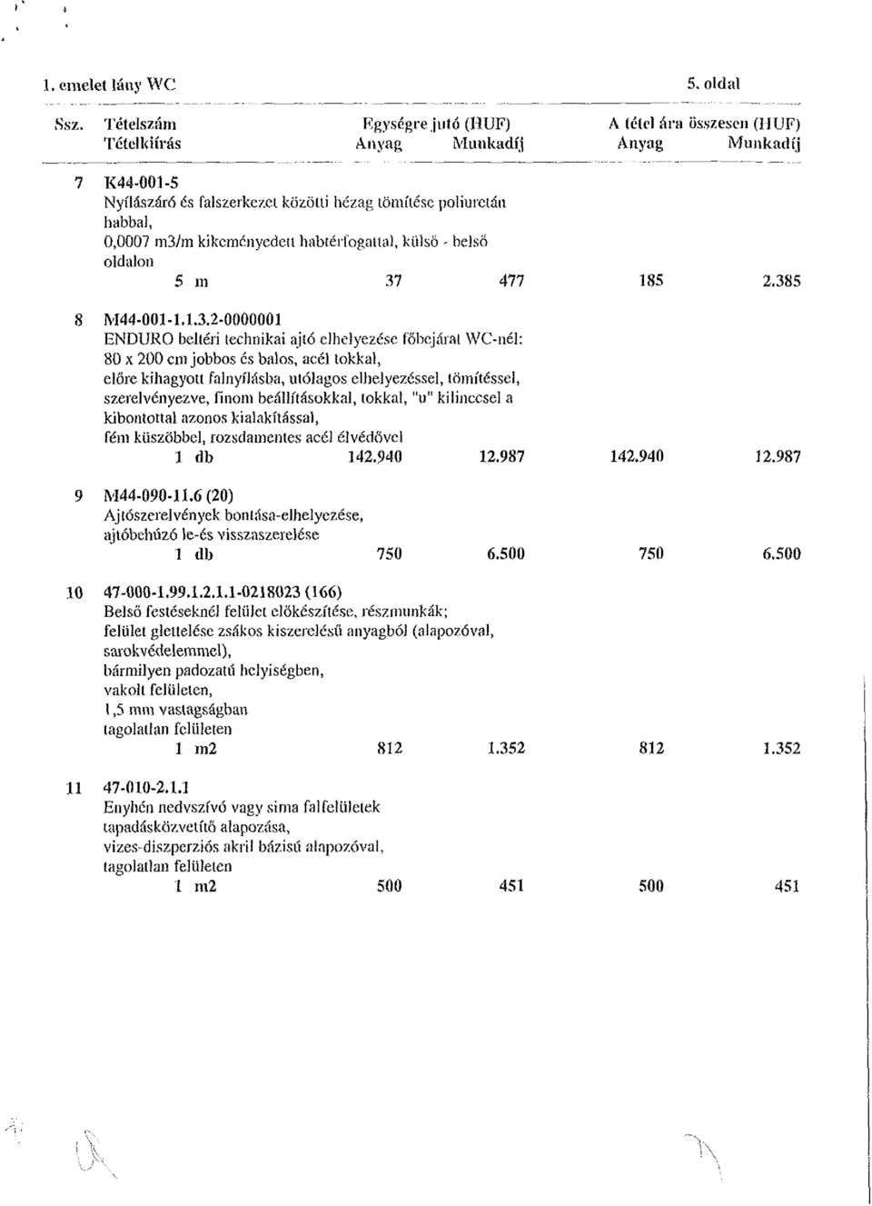 belső oldalon 5 m 37 477 185 2.385 8 M44-001-1.U.