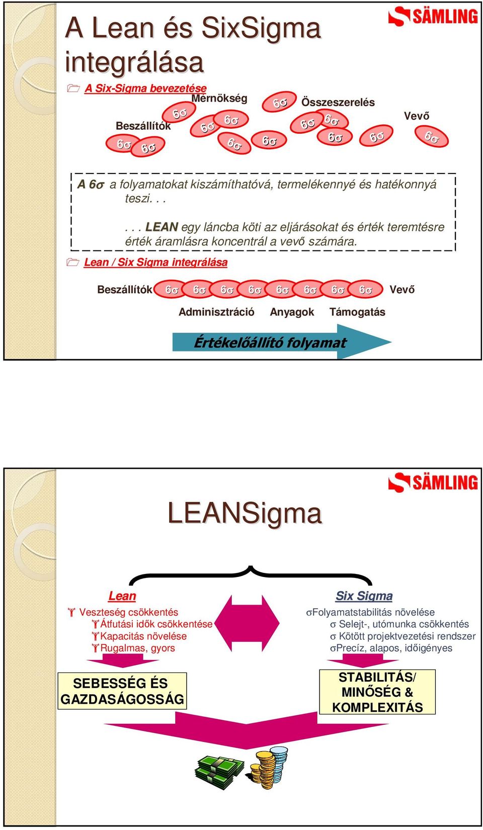 Lean / Six Sigma integrálása Beszállítók Vevı Mérnökség Adminisztráció Összeszerelés Anyagok Támogatás Tesztelés Értékelıállító folyamat LEANSigma Lean Veszteség csökkentés Átfutási