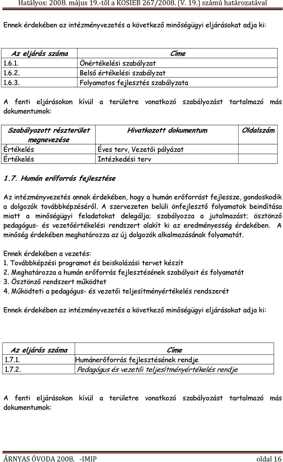 dokumentum Éves terv, Vezetői pályázat Intézkedési terv Oldalszám 1.7.