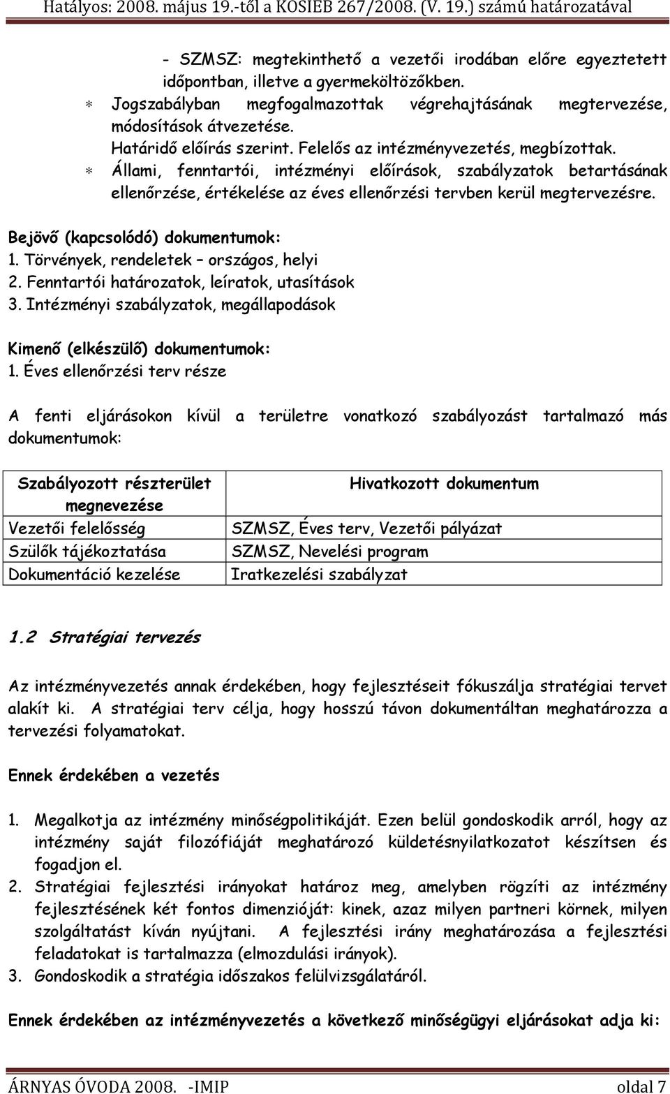 Állami, fenntartói, intézményi előírások, szabályzatok betartásának ellenőrzése, értékelése az éves ellenőrzési tervben kerül megtervezésre. Bejövő (kapcsolódó) dokumentumok: 1.